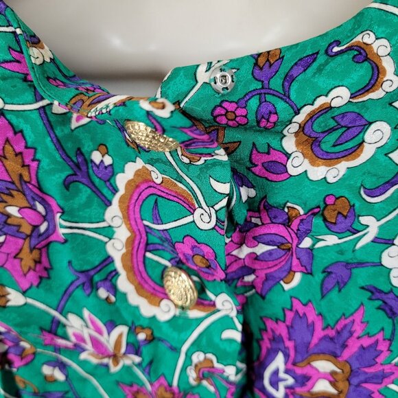NWT VTG Richard Warren Green 100% Silk Floral Gold Button Long Sleeve Blouse 4 - Picture 13 of 16